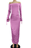 Purple Women Horn Sleeve  A Word Shoulder Pure Color Shirred Detail Long Dress JZH8088
