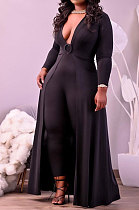 Black Big Yards Cotton Blend Long Sleeve Irregularity Dress+Bodycon Jumpsuits Slim Fitting Sets HT6077-1