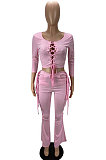 Pink Fashion Club Eyelet Bandage Long Sleeve Dew Waist Tops Mid Waist Flare Pants Solid Color Sets MLL177-3