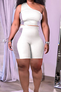 White Sexy Oblique Shoulder Mesh Spliced Tops Shorts Solid Color Two-Piece HT6073-1