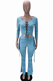 Pink Fashion Club Eyelet Bandage Long Sleeve Dew Waist Tops Mid Waist Flare Pants Solid Color Sets MLL177-3