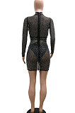 Black Women Sexy Round Collar Long Sleeve Hollow Out Perspectivity Hot Drilling Skinny Mini Dress CCY9229-1