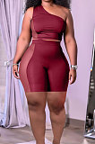 Wine Red Sexy Oblique Shoulder Mesh Spliced Tops Shorts Solid Color Two-Piece HT6073-2