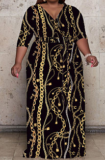 Black Fashion Print Long Sleeve V Collar Swing Fat Women Dress X9326-1