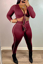 Wine Red Euramerican Pure Color Long Sleeve Bandage Cardigan Strapless Bodycon Pants Sets HT6076-2