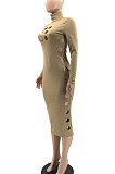 Khaki Women Hollow Out Solid Color Roudn Collar Mid Waist Long Sleeve Midi Dress JR3658-3