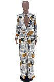 Red Autumn Winter Digital Printing Long Sleeve Cardigan Shirts With Beltband Wide Leg Jumpsuits ARM8309-1