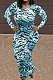 Blue Women Round Collar Long Sleeve Printing Tight Sexy Loose Waist Long Dress KZ2142-4