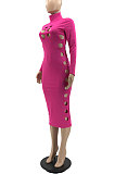 Khaki Women Hollow Out Solid Color Roudn Collar Mid Waist Long Sleeve Midi Dress JR3658-3
