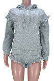 Gray Trendy Women Hooded Fleece Stringy Selvedge Casual Shorts Sets MDF5264