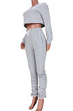 Gray Women Long Sleeve Round Collar Pure Color Crop Ruffle Pants Sets MDF5260-2