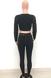 Black Euramerican Pure Color Long Sleeve Bandage Cardigan Strapless Bodycon Pants Sets HT6076-1