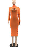 Orange Women Hollow Out Solid Color Roudn Collar Mid Waist Long Sleeve Midi Dress JR3658-2