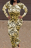 Black Women Round Collar Long Sleeve Printing Tight Sexy Loose Waist Long Dress KZ2142-3