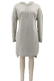 Gray Autumn Winter Lady Loose Long Sleeve Solid Color Round Collar Irregular Mini Dress KZ2140-2