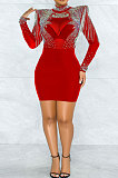 Red Women Sexy Perspectivity Hip Mid Waist Zipper Bling Bling Mini Dress CCY9232A-2