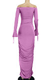Purple Women Horn Sleeve  A Word Shoulder Pure Color Shirred Detail Long Dress JZH8088