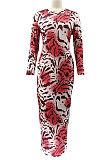 Red Women Round Collar Long Sleeve Printing Tight Sexy Loose Waist Long Dress KZ2142-1
