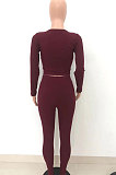 Wine Red Simple Ribber Long Sleeve V Neck Tops Pencil Pants Solid Color Sets HT6075-1