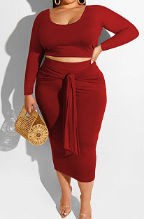Wine Red Fashion Big Yards Long Sleeve Round Neck Crop Tops Bandage Hip Skirts Slim Fitting Sets SMD82083-3