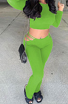 Green Autumn Winter New Long Sleeve Round Neck Dew Waist T-Shirts Flare Pants Solid Color Sets SM9207-3