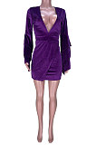 Dark Purple Women Deep V Collar Mink Cashmere Horn Sleeve Mid Waist Zipper Romper Shorts MDF5261