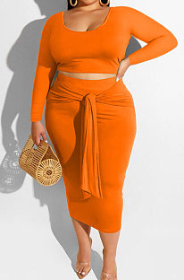 Orange Fashion Big Yards Long Sleeve Round Neck Crop Tops Bandage Hip Skirts Slim Fitting Sets SMD82083-2