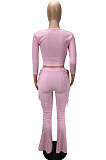 Yellow Fashion Club Eyelet Bandage Long Sleeve Dew Waist Tops Mid Waist Flare Pants Solid Color Sets MLL177-3