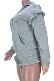 Gray Trendy Women Hooded Fleece Stringy Selvedge Casual Shorts Sets MDF5264