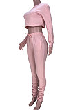 Pink Women Long Sleeve Round Collar Pure Color Crop Ruffle Pants Sets MDF5260-1