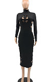 Black Women Hollow Out Solid Color Roudn Collar Mid Waist Long Sleeve Midi Dress JR3658-1