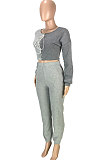 Gray Cotton Blend Casual Spliced Eyelet Bandage Crop Tops High Waist Ankle Banded Pants Sets SM9208-2