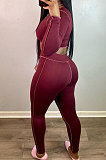 Wine Red Euramerican Pure Color Long Sleeve Bandage Cardigan Strapless Bodycon Pants Sets HT6076-2