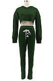 Khaki Women Sexy Autumn Winter Drawsting Pure Color Crop Tops Pants Sets KZ2143-3