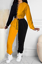 Dark Yellow Women Bandage Eyelet Color Matching Spliced Pants Sets MDF5259-4