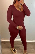 Wine Red Simple Ribber Long Sleeve V Neck Tops Pencil Pants Solid Color Sets HT6075-1