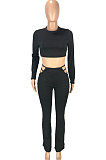 Red Autumn Winter New Long Sleeve Round Neck Dew Waist T-Shirts Flare Pants Solid Color Sets SM9207-2