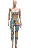 Green Sexy Women Fashion Printing Tight Condole Belt Skinny Backless Long Pants Sets CCY9198-3