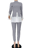Gray Women Casual Long Sleeve Spliced Puff Sleeve Ruffle Pants Sets JZH8089