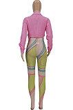 Pink Long Sleeve Shirts Mesh Spaghetti Printing Pants Sets FFE179-1