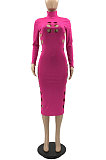 Rose Red Women Hollow Out Solid Color Roudn Collar Mid Waist Long Sleeve Midi Dress JR3658-4