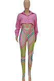 Pink Long Sleeve Shirts Mesh Spaghetti Printing Pants Sets FFE179-1