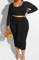 Black Fashion Big Yards Long Sleeve Round Neck Crop Tops Bandage Hip Skirts Slim Fitting Sets SMD82083-4