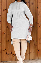Gray Autumn Winter Lady Loose Long Sleeve Solid Color Round Collar Irregular Mini Dress KZ2140-2