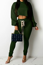 Dark Green Women Sexy Autumn Winter Drawsting Pure Color Crop Tops Pants Sets KZ2143-2