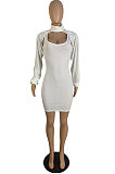 White Sexy Simple Pure Color Lantern Sleeve Half A Shawl+Bodycon Hip Dress Two-Piece TL6617-1