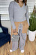 Grey Autumn Winter Long Sleeve V Neck Tops Contarst Color Bandage Wide Leg Pants Casual Sets L0362-2