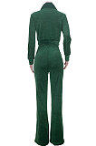 Dark Green Women Trendy Color Matching Crop Zipper Velvet Flare Leg Pants Sets MDF5265