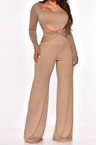 Khaki Sexy Cotton Blend Pure Color Long Sleeve Hollow Out Wide Leg Jumpsuits QZ6128-5