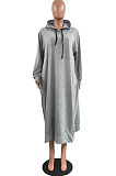 Grey Cotton Blend Casual Pure Color Long Sleeve Loose Hooded Dress H1726-3
